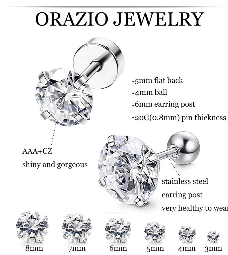 ORAZIO 6Pairs Hypoallergenic Flat Back Earrings 316L Stainless Steel Studs for Sensitive Ears, 3-8mm Cubic Zirconia, Stylish Jewelry for Women Men BF - Image 2